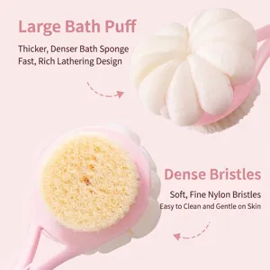 2-in-1 long handle bath brush with soft nylon bristles and mesh shower ball in pink color