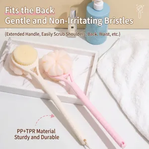 Long-handled 2-in-1 bath brush with soft bristles and mesh sponge for back scrubbing