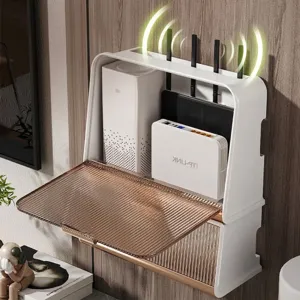 Aan de muur gemonteerde witte WiFi-router opbergdoos met transparante bruine deksel