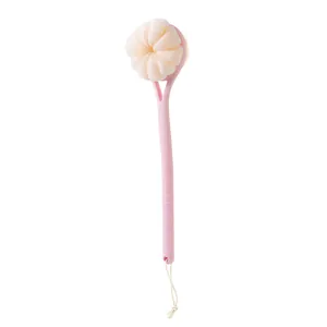 Long handle 2-in-1 bath brush with soft bristles and cream mesh sponge