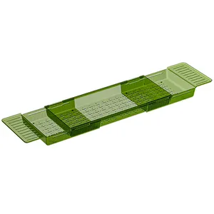 Verstelbaar groen transparant badplankje voor badkameropslag en mobiele telefoonhouder.