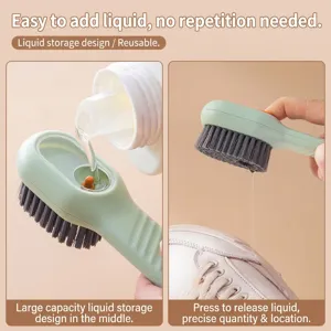 Multifunctional liquid refill shoe brush with soft bristles shown in use for cleaning