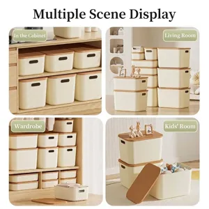 Cream-style stackable plastic storage boxes with lids for home organization