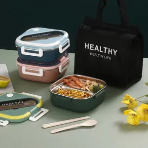 Contenitore Termico in Acciaio Inossidabile 304 Porta Pranzo Rettangolare a Scomparti Bento Box con Coperchio per Ufficio Scuola