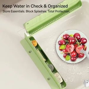 Multifunctional green kitchen sink splash guard with storage basket for cleaning tools