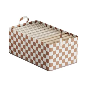 Checkered pattern cotton linen clothes storage box with handles for home wardrobe organization