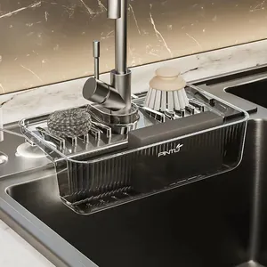 Suction Cup Sink Drain Rack Transparent PET Plastic Faucet Sponge Holder Punch-Free Kitchen Dishwashing Brush Storage Basket Tray