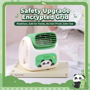 Portable bladeless desktop fan featuring a cute cartoon panda design and USB charging
