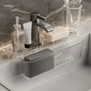 Modern clear acrylic suction cup sink organizer rack for kitchen faucet area drainage