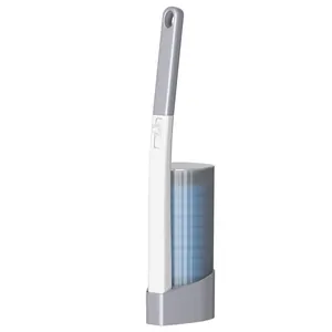 Wall-mounted disposable toilet brush set with grey handle and blue refill heads