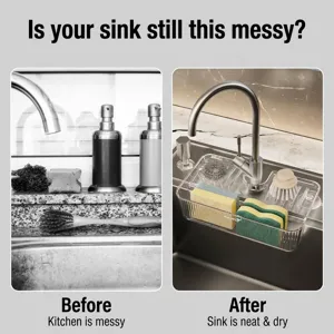 Suction cup kitchen sink organizer rack for sponge and brush shown in before after view