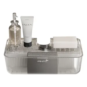Transparent suction cup sink drain rack for organizing sponges and soap bottles