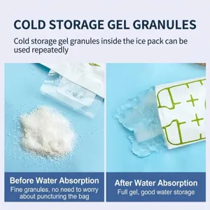 Reusable gel ice pack showing fine particles before and full gel after water absorption.