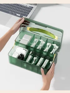 Green transparent double-layer desk cable organizer box for chargers and wires