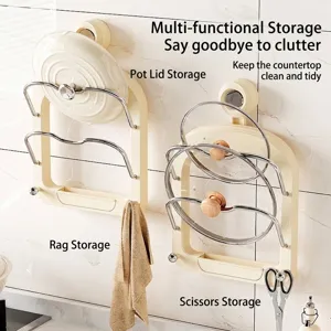 Suction Cup Pot Lid Holder Wall Mounted Cutting Board Rack with Drain Tray No Drill Kitchen Organizer Lid Stand Hooks