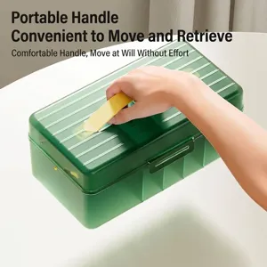 Translucent green data cable storage box with yellow handle and partitioned dividers