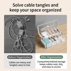 Transparent divided cable storage box with flip cover for desktop organization