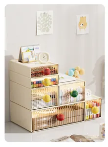 Desktop cream-colored stackable drawer organizer with vibrant colorful ball handles