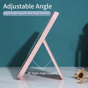 Adjustable pink foldable desktop makeup mirror with 90-degree right-angle support stand