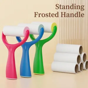 Standing lint roller set with matte handles and replacement paper rolls