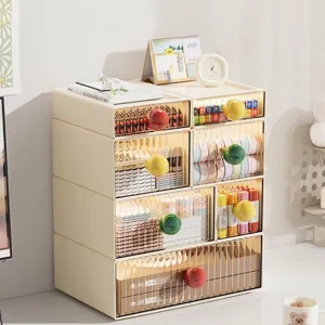 PET Stackable Drawer Storage Box With Colored Round Handle Transparent Desktop Organizer For Cosmetics Toys Stationery