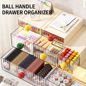 Stackable desktop drawer storage box with colorful spherical handles for organizing