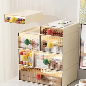 Cream stackable desktop storage drawers with clear front and colorful round handles