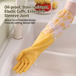 Guantes de goma impermeables para lavar platos con mangas largas florales