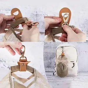 Practical leather hat clip hook for backpack storage shown in a four-step guide