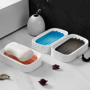 Modern double-layer draining soap dish holder set with colorful inserts for bathroom counter