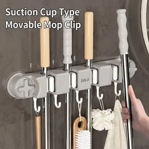 Wall Mounted Vacuum Suction Mop Holder With Hooks Multipurpose Broom Organizer For Kitchen Bathroom No Drill Storage Rack