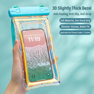 Iridescent laser holographic waterproof phone pouch with neck strap for swimming.