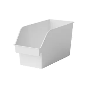 White plastic slanted storage bin for kitchen cabinet and desk desktop organization