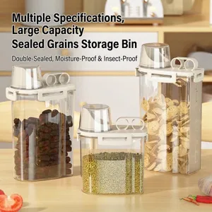 Récipient de Stockage de Céréales Transparent de Qualité Alimentaire Boîte à Grains Hermétique Bocal Scellé avec Verre Doseur Poignée Organisateur de Cuisine