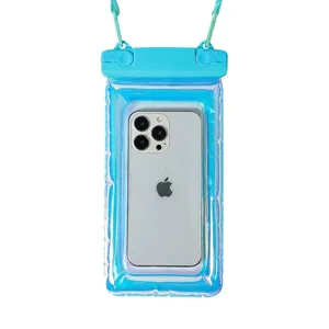 Blue holographic waterproof phone pouch with neck strap for swimming and snorkeling