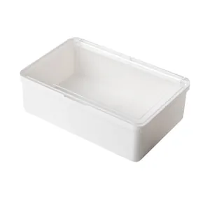 Minimalist white rectangular plastic storage box with transparent flip lid for desktop