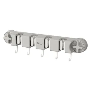 Multifunctional suction cup mop holder with hooks, grey no-drill wall organizer rack