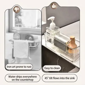 Clear acrylic kitchen sink caddy with a 45-degree self-draining tray for sponges and soap