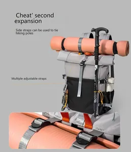 Detail of multi-functional outdoor backpack with adjustable straps and expansion capacity.