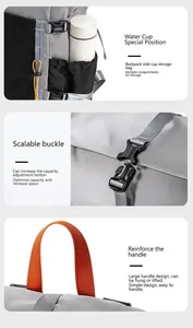 Detailed view of cup holder, scalable buckle, and reinforced handle on travel backpack