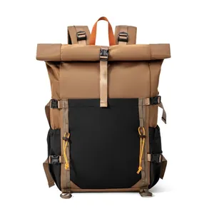 Front view of brown and black roll-top outdoor travel backpack with orange accents