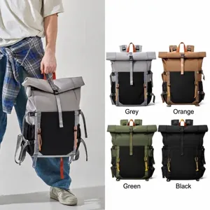 Minimalist Oxford Cloth Roll Top Laptop Backpack Unisex Contrast Color Large Capacity Travel Bag Wear Resistant Outdoor Backpack