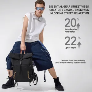 Black men's roll-top laptop backpack for business travel and casual street style commuting
