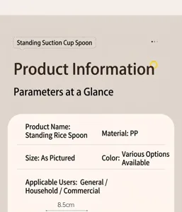 Spezifikationsliste für Stand-Reislöffel aus PP-Material mit Abmessungen.