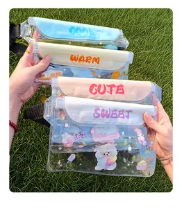 Collection of colorful transparent waterproof phone waist bags with cute prints on grass