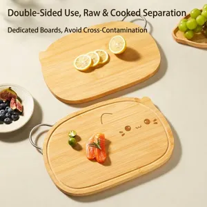 Dual-sided bamboo kitchen cutting board featuring cute cat design and sturdy metal handle