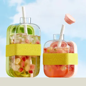 Portable 2-In-1 Ice Cube Tray And Water Bottle Silicone Press Type Ice Mold Kettle For Outdoor Sports Fitness Ice Making Cup With Straw And Strap