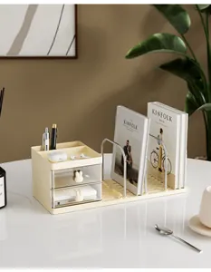 Desktop organizer with cute bunny drawers and adjustable metal book rack for office