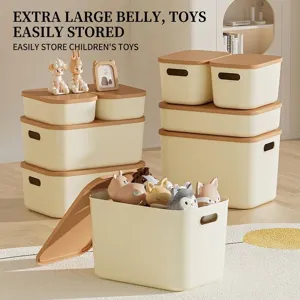 Stackable Plastic Storage Box With Lid Cream Style Multi-size Toy Snack Organizer Container For Home Bedroom Office Closet