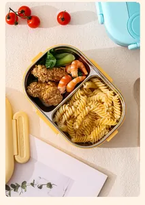 Vue détaillée d'une boîte à lunch portable jaune en acier inoxydable 304 divisée